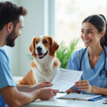 Vétérinaire souriante dans une clinique moderne remettant des factures à un propriétaire de chien rassuré