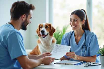 Vétérinaire souriante dans une clinique moderne remettant des factures à un propriétaire de chien rassuré