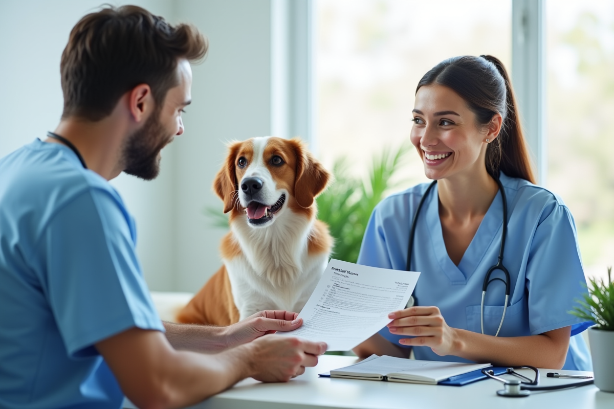 Vétérinaire souriante dans une clinique moderne remettant des factures à un propriétaire de chien rassuré