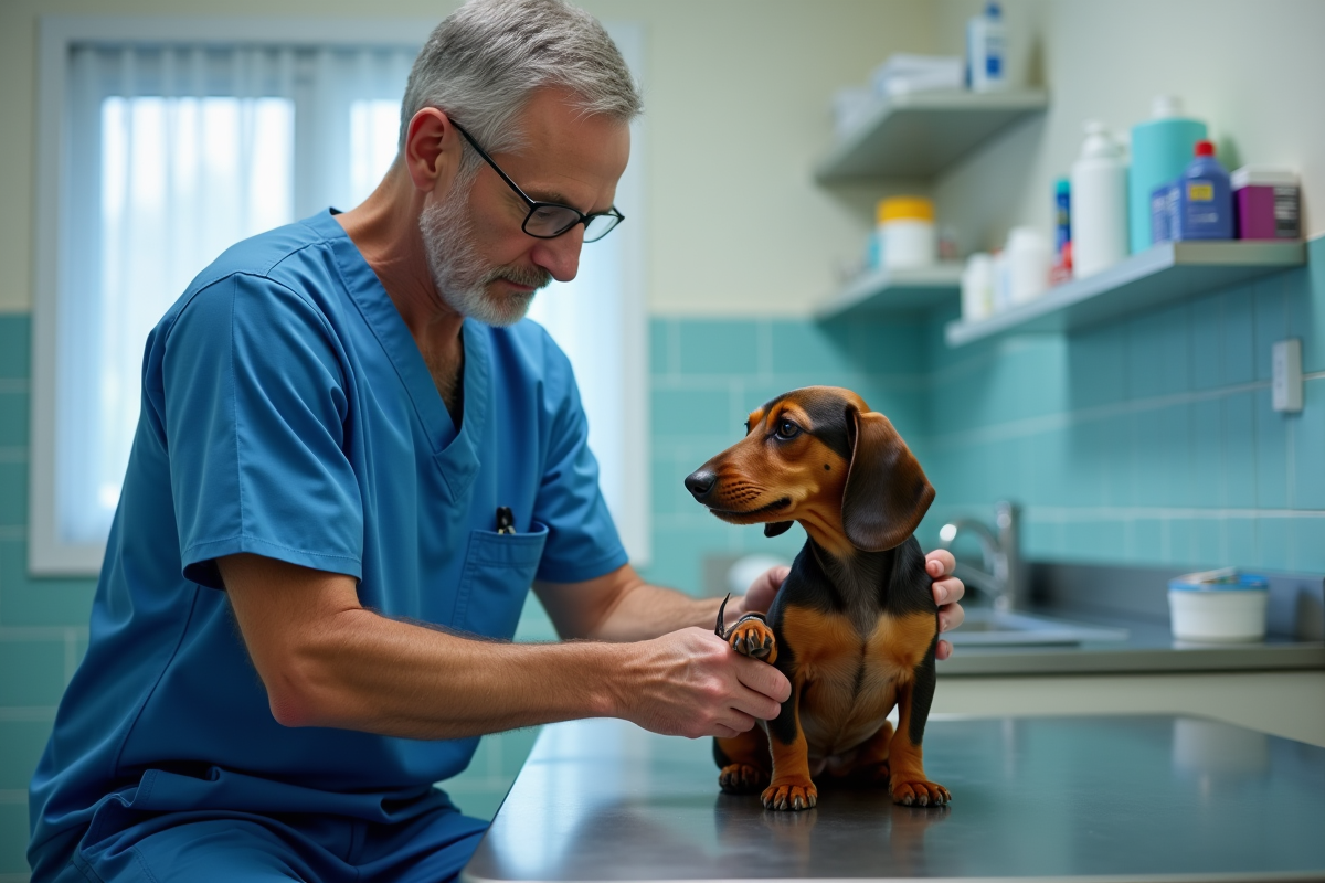 Vétérinaire en scrubs clipant la patte d