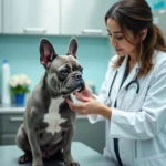 Vétérinaire examinant un bouledogue français bleu sur une table de consultation, contrôle de santé d'un chiot de race