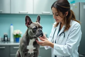 Vétérinaire examinant un bouledogue français bleu sur une table de consultation, contrôle de santé d'un chiot de race