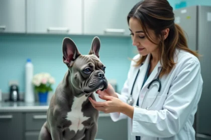 Vétérinaire examinant un bouledogue français bleu sur une table de consultation, contrôle de santé d'un chiot de race