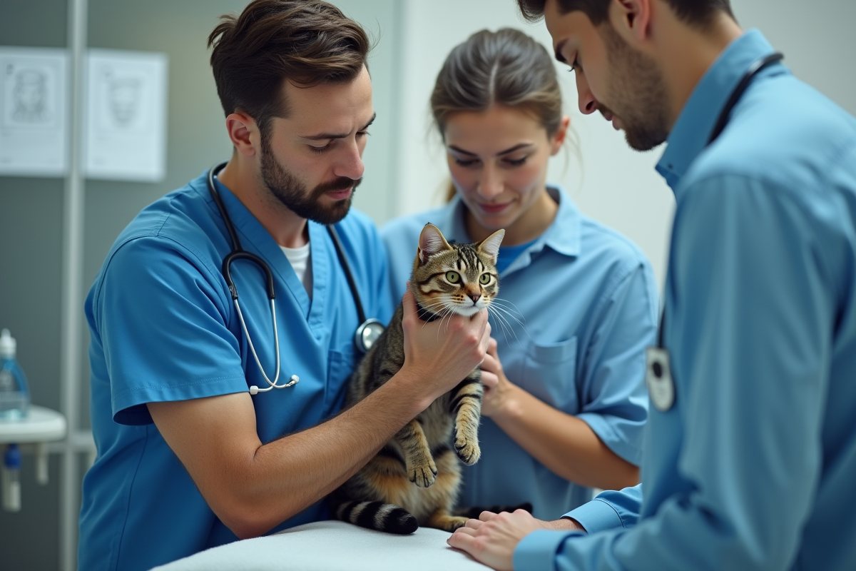 Vétérinaire examine un chat avec un couple dans une clinique