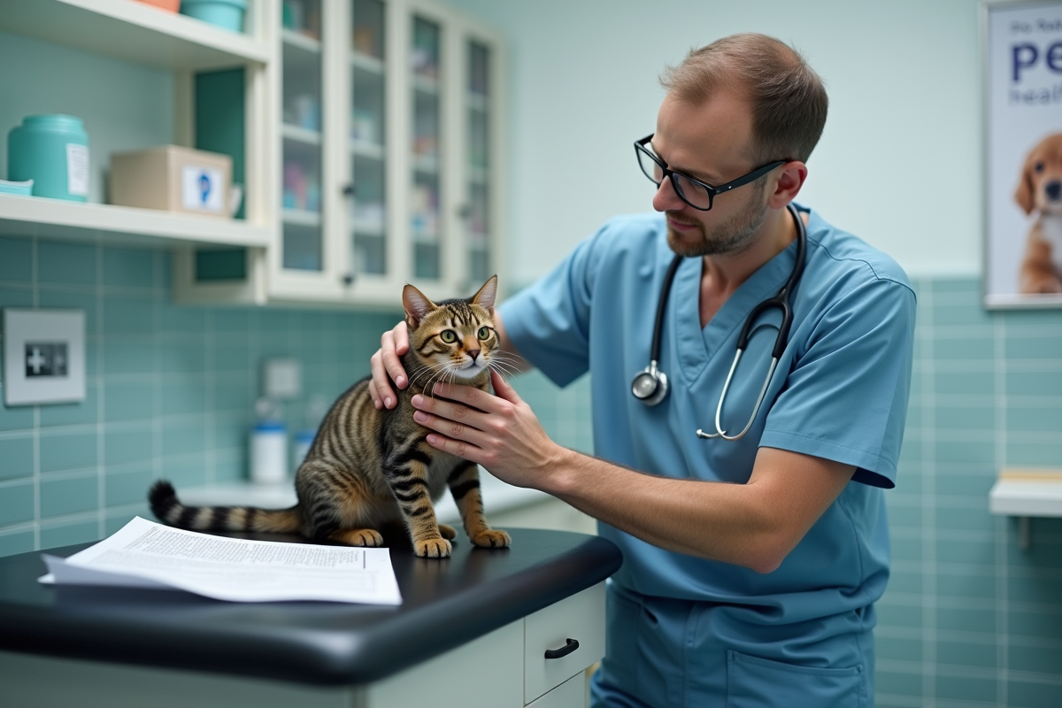 Vétérinaire examinant un chat sur une table en clinique