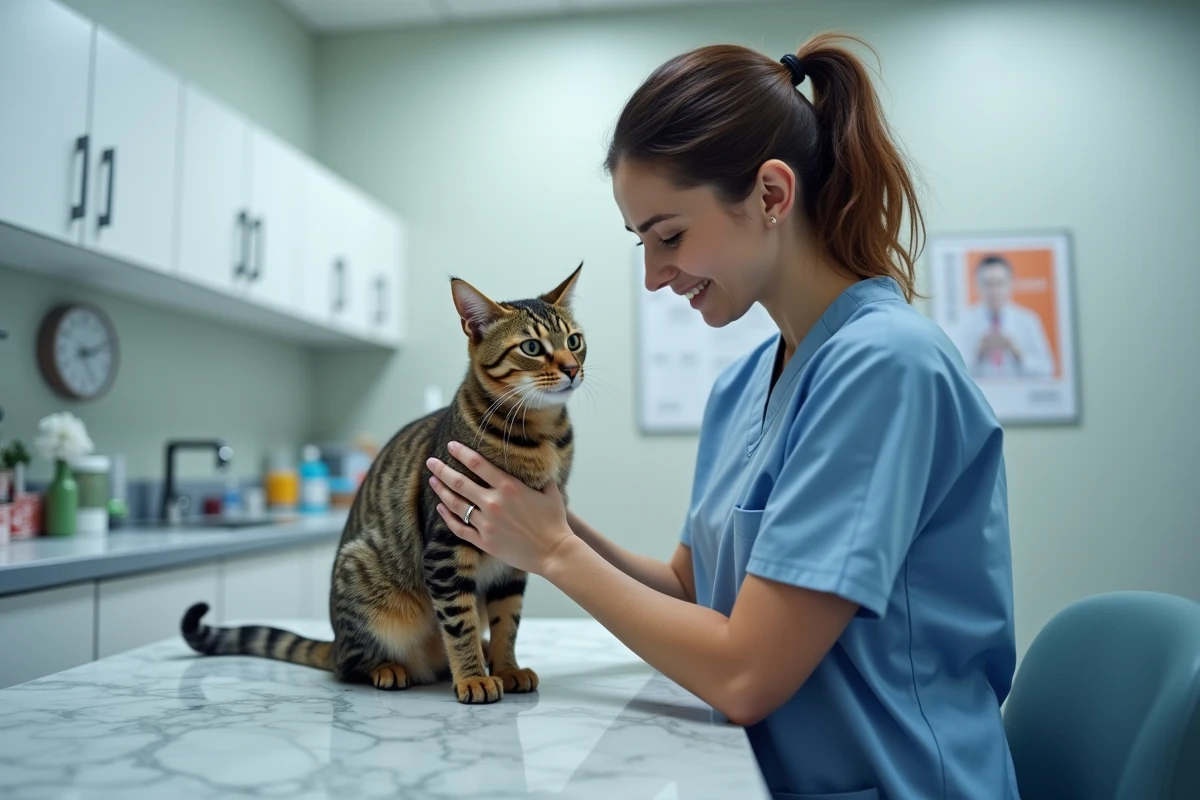 Vétérinaire examinant un chat tacheté dans un cabinet