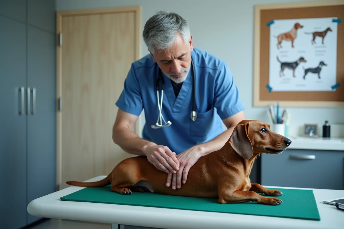 Vétérinaire examinant la colonne vertébrale d'un teckel à poil dur pour évaluer les risques de hernie discale liés à la morphologie de la race