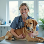 Vétérinaire femme souriante avec un golden retriever dans une clinique