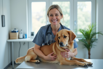 Vétérinaire femme souriante avec un golden retriever dans une clinique