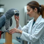 Vétérinaire examinant un gris du Gabon bleu lors d'une consultation clinique, illustrant les frais vétérinaires liés à cet oiseau exotique