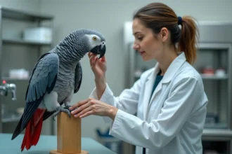 Vétérinaire examinant un gris du Gabon bleu lors d'une consultation clinique, illustrant les frais vétérinaires liés à cet oiseau exotique