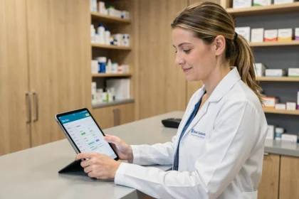 Vétérinaire utilisant un logiciel de gestion numérique sur tablette dans une clinique vétérinaire moderne