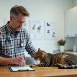 Vétérinaire mesurant un Maine Coon dans une clinique moderne