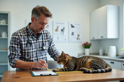 Vétérinaire mesurant un Maine Coon dans une clinique moderne