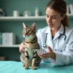 Vétérinaire examinant une chatte tigrée et tenant une plaquette de pilules contraceptives sur une table de consultation