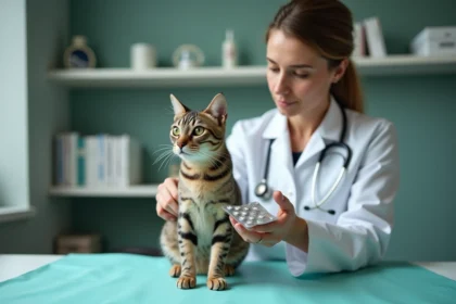 Vétérinaire examinant une chatte tigrée et tenant une plaquette de pilules contraceptives sur une table de consultation