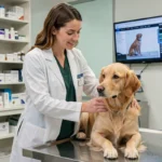 Vétérinaire femme examinant un golden retriever dans une clinique vétérinaire moderne, illustrant le métier et le salaire vétérinaire en 2026