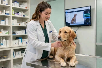 Vétérinaire femme examinant un golden retriever dans une clinique vétérinaire moderne, illustrant le métier et le salaire vétérinaire en 2026