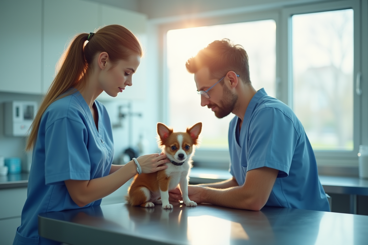 Vétérinaire examinant un petit chien dans une clinique moderne