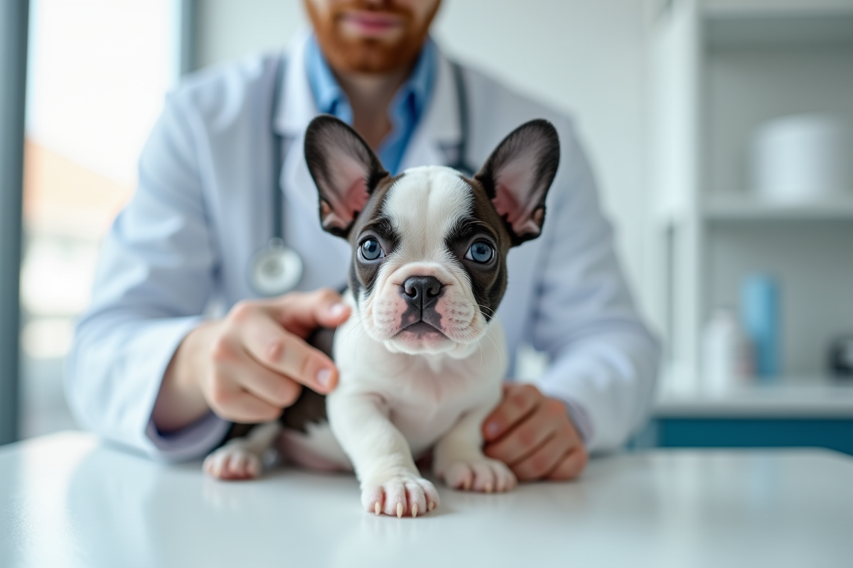 Vétérinaire examinant un chiot bouledogue français curieux