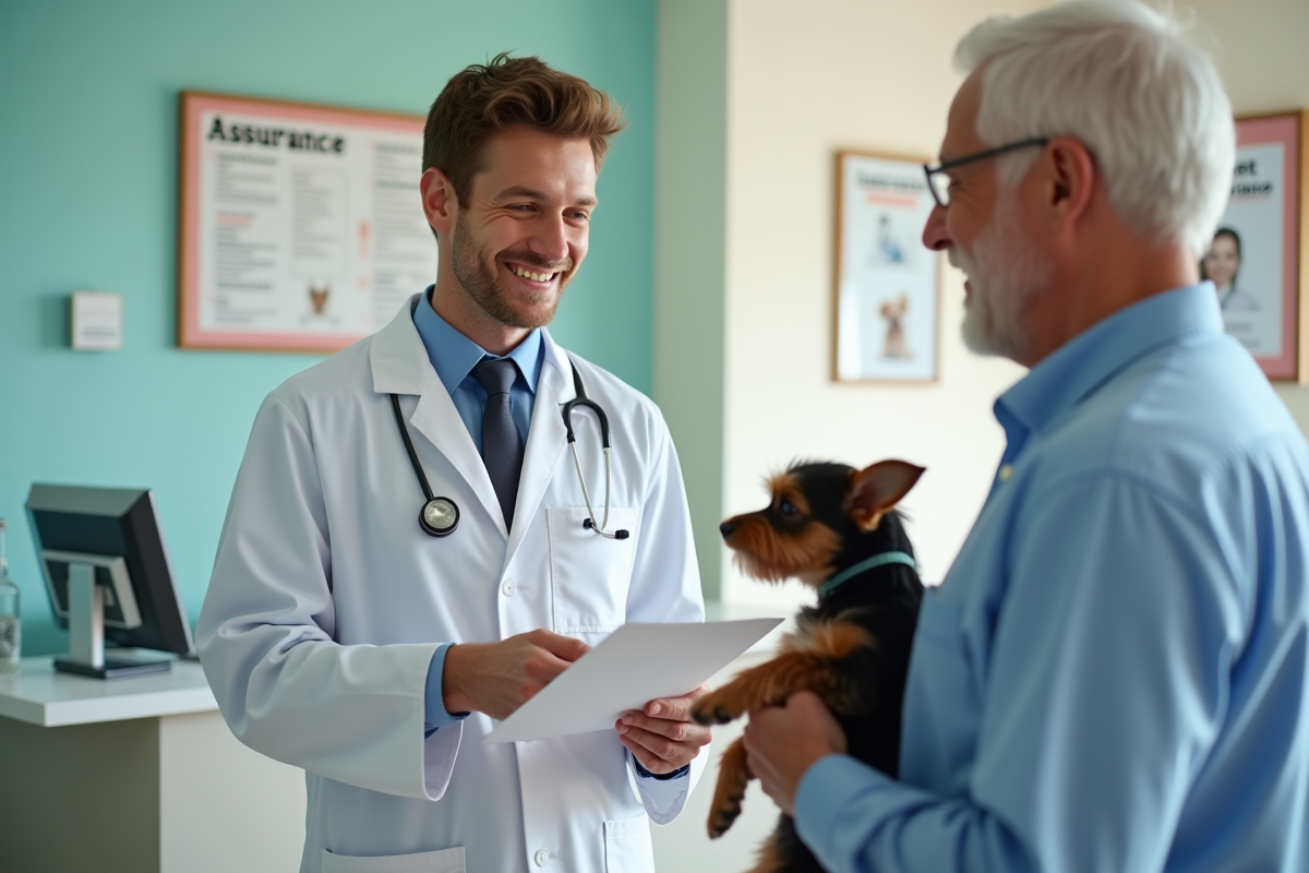 Vétérinaire souriant donnant des papiers à un homme avec un terrier