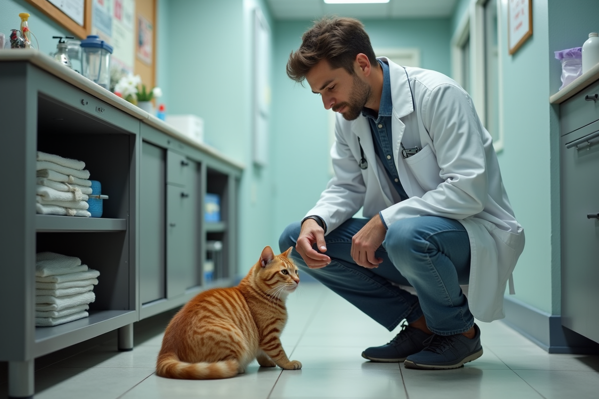 Vétérinaire vérifiant une trappe à chat dans la clinique