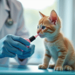 Vétérinaire donnant un vermifuge liquide à un chaton curieux