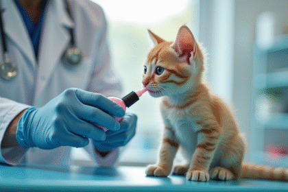 Vétérinaire donnant un vermifuge liquide à un chaton curieux