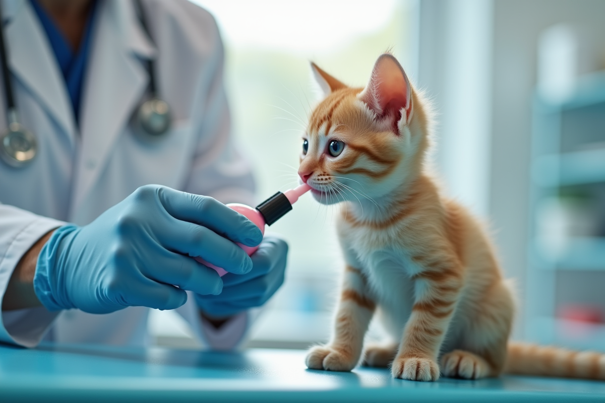 Vétérinaire donnant un vermifuge liquide à un chaton curieux