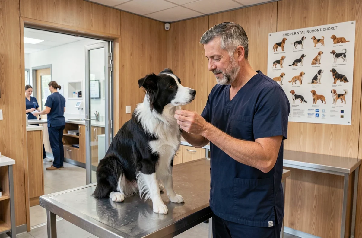 Vétérinaire examinant un border collie dans la clinique des Vétérinaires du Parc de Moine à Cholet