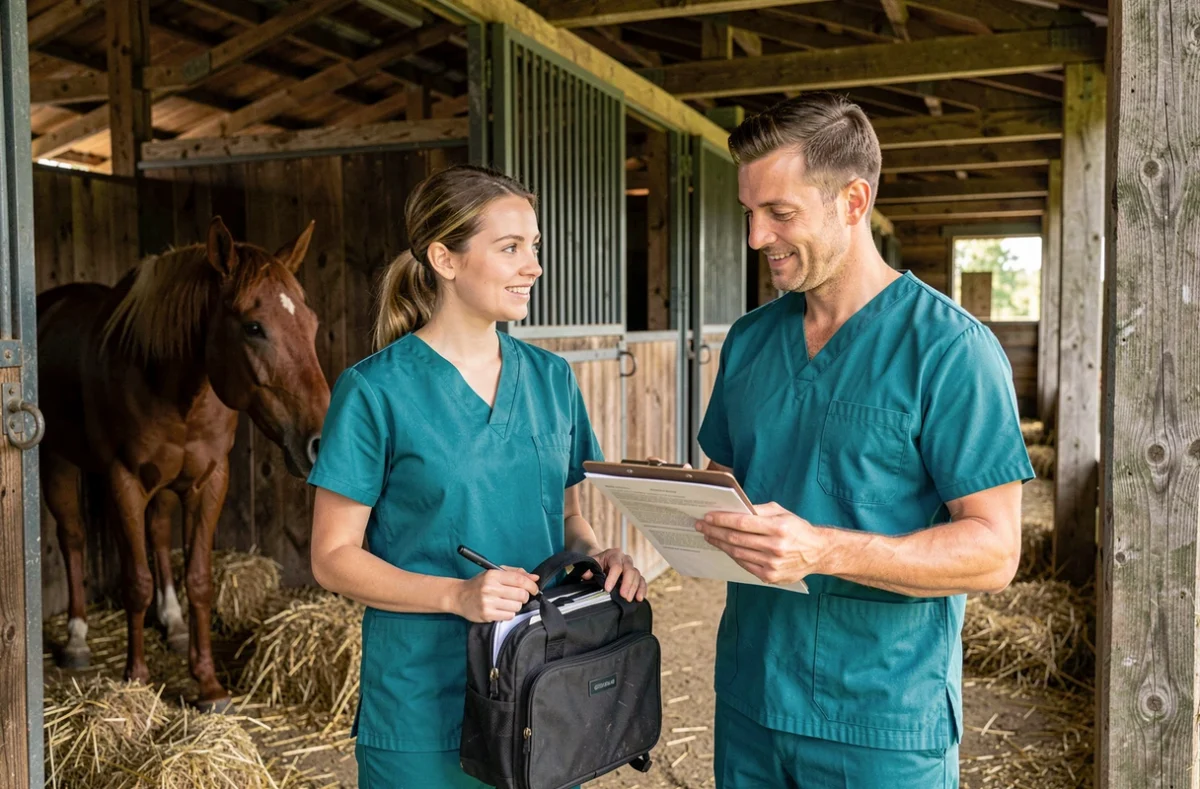Deux vétérinaires en milieu rural discutant près d'une écurie, illustrant les gardes et conditions de travail des vétérinaires ruraux en 2026