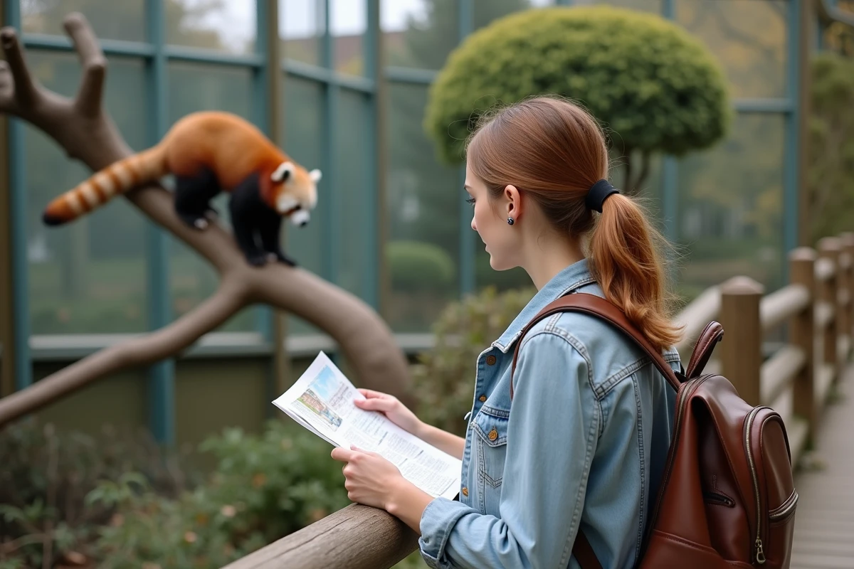 Jeune femme consultant le plan du zoo d'Annecy devant l'enclos du panda roux