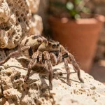 Araignée Zoropsis spinimana sur un mur en pierre calcaire dans un jardin du sud de la France, détail macro des motifs caractéristiques